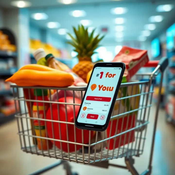 Shopping cart filled with groceries and a smartphone showing a digital voucher redemption screen