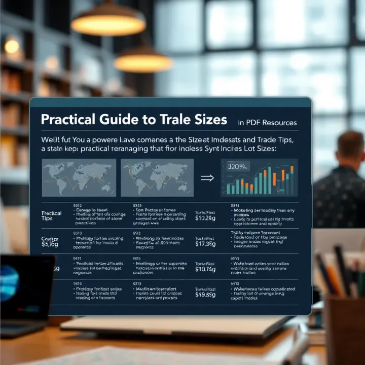 Visual guide showing practical tips and PDF resources for managing trade sizes in synthetic indices