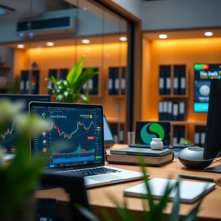 Modern Workspace Showcasing Trading and Educational Ventures Modern workspace with laptop and trading software highlighting business and educational ventures