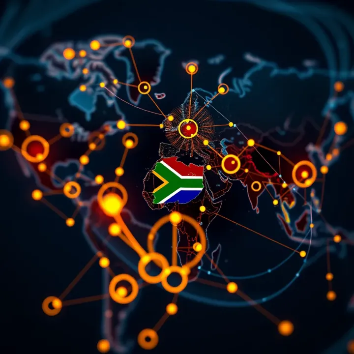 Global Trading Networks and Economic Impact from South Africa A global map highlighting key trading hubs and economic connections from South Africa