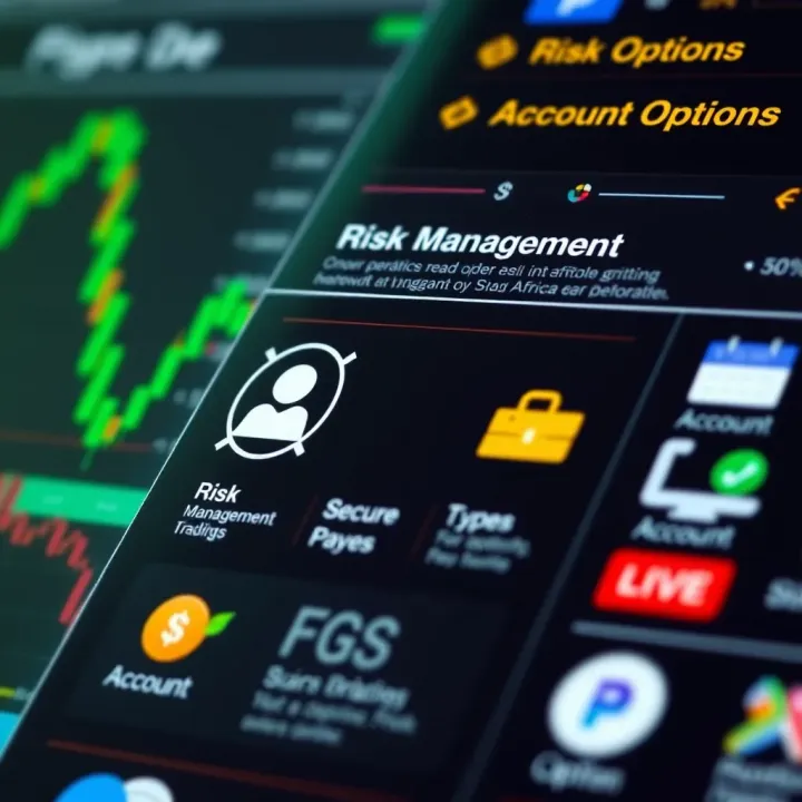 Risk Management and Account Options in Pocket Options for Confident Trading Graphical representation of risk management strategies with secure payment icons and account type options