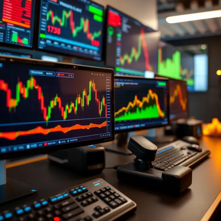 Graph showing automated trading system analyzing financial market data on multiple screens