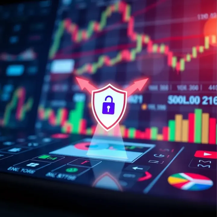 Ensuring Security and Reliability in Mobile Trading Apps Illustration of a secure mobile trading environment with shield icons symbolizing protection and trustworthiness