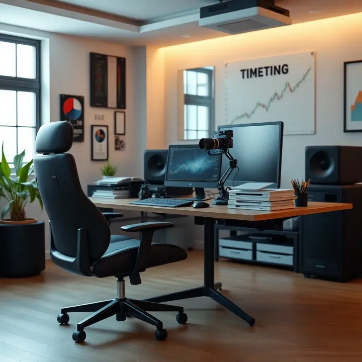 Ergonomic desk and chair arrangement in a dedicated trading space optimized for comfort and efficiency