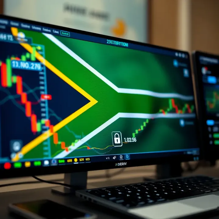South African flag with digital financial icons representing online trading and secure app usage on a computer