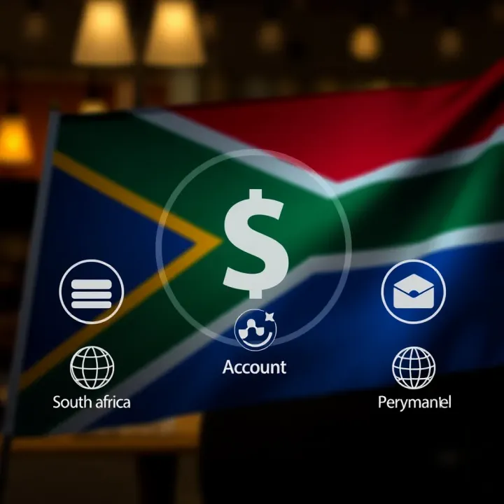 Illustration of South African flag with financial icons representing account types and payment methods