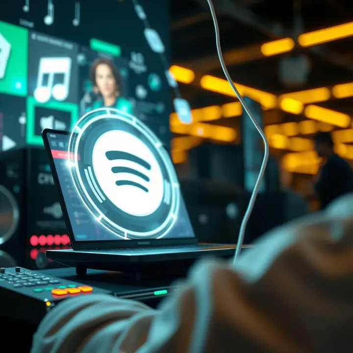 Conceptual digital illustration of music streaming with futuristic technology elements