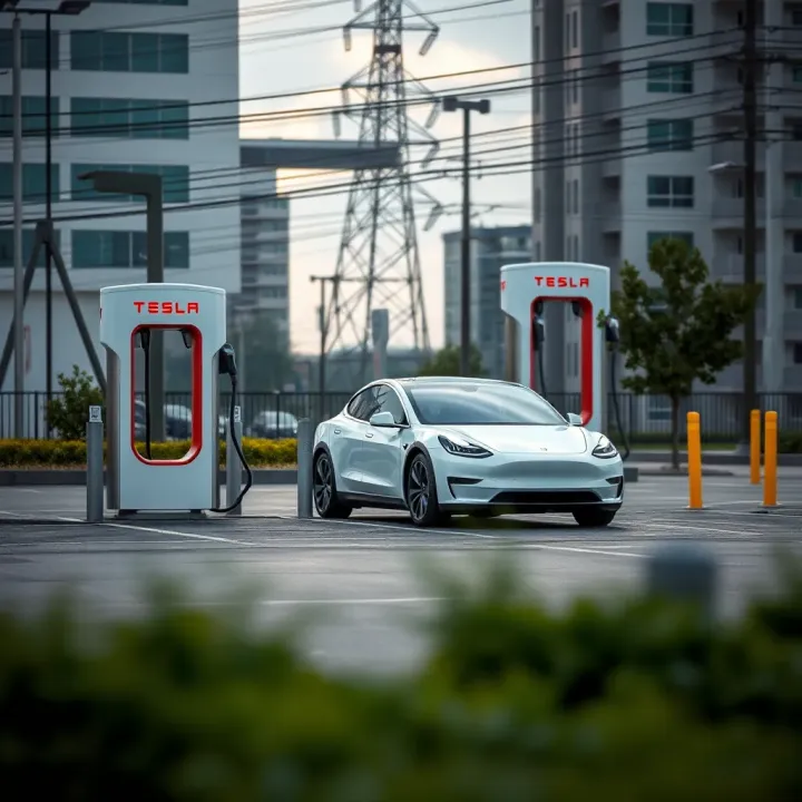 Tesla electric vehicle charging at a high-power station in urban environment