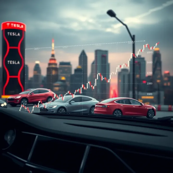 Tesla Stock Price Trends and Market Influences Overview Graph showing Tesla stock price trends with a background of a futuristic cityscape