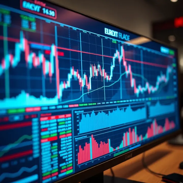 Digital interface showing algorithmic trading data and graphs on a screen