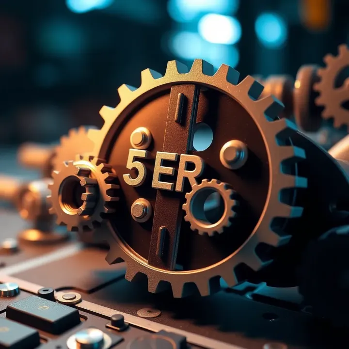 Illustration showing interconnected gears representing the five key principles of the ERs framework for optimizing business operations
