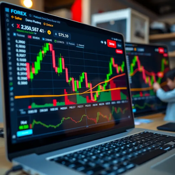 Trading platform interface showing live forex charts and demo account balance