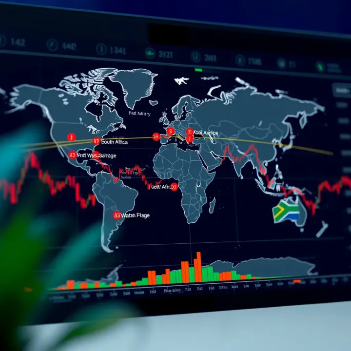 Global Trading Sessions Adjusted to South African Time World map highlighting major financial centers with their trading session times converted to South African Standard Time