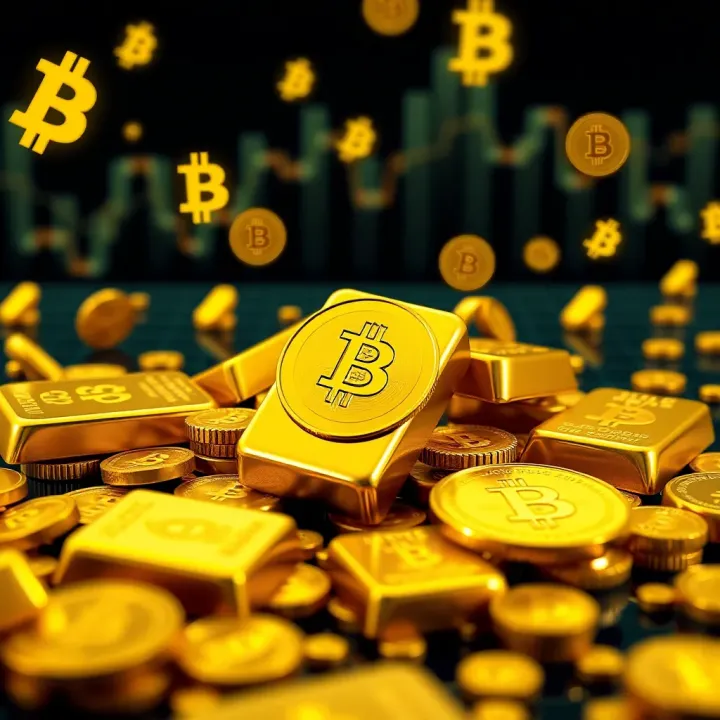Digital representation of gold bars with cryptocurrency symbols surrounding them, symbolizing gold-backed crypto investments