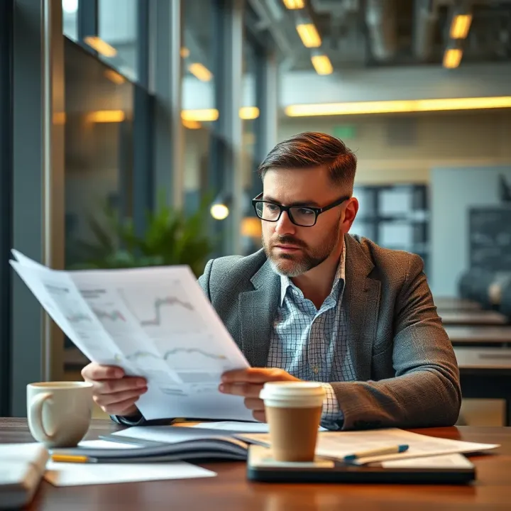 Illustration showing a South African entrepreneur reviewing financial documents and business plans in a modern office
