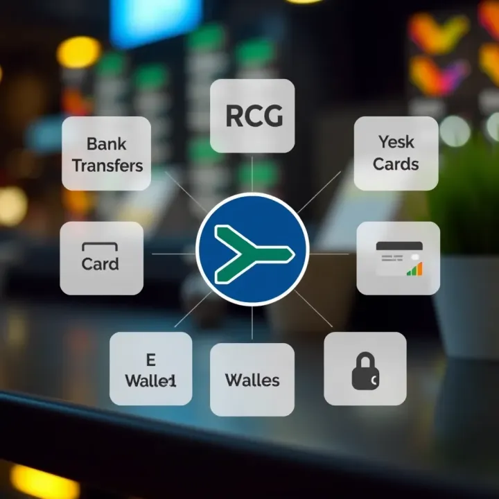 Diagram illustrating various deposit methods available for RCG users in South Africa, including bank transfers, credit cards, and e-wallets
