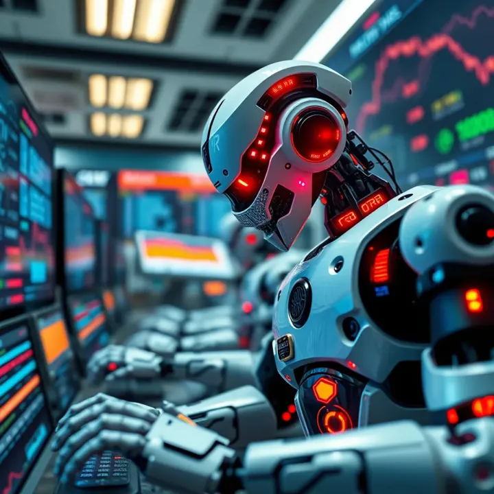 Conceptual illustration of robot traders executing stock trades with digital data overlay