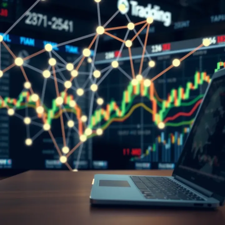 Conceptual representation of technology-driven market strategies with interconnected nodes and charts