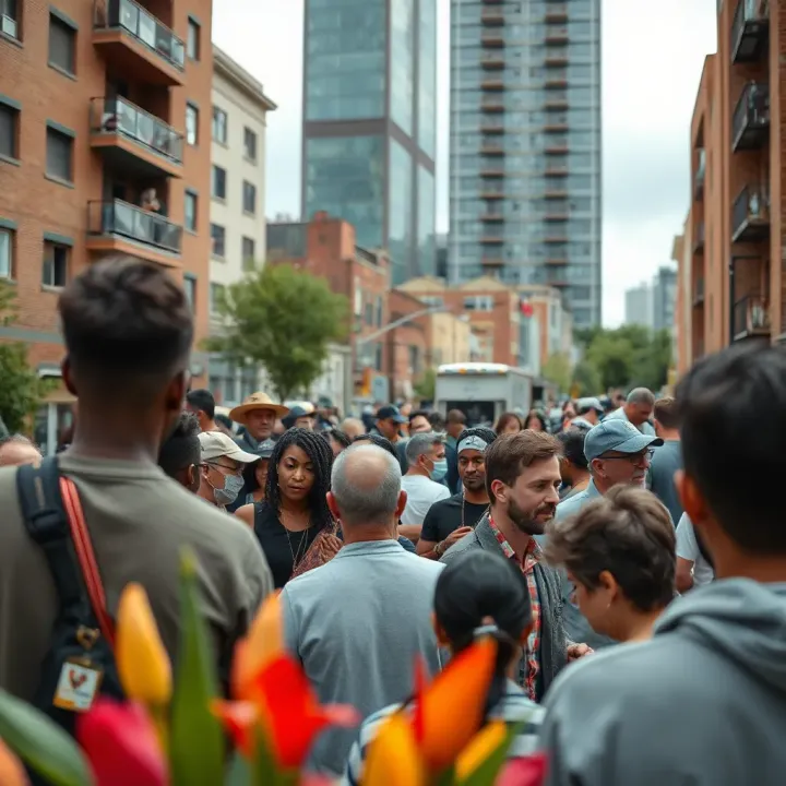 Urban Community Gathering Illustrating Social Impact Community gathering in an urban setting reflecting the social influence of a distinct cultural group