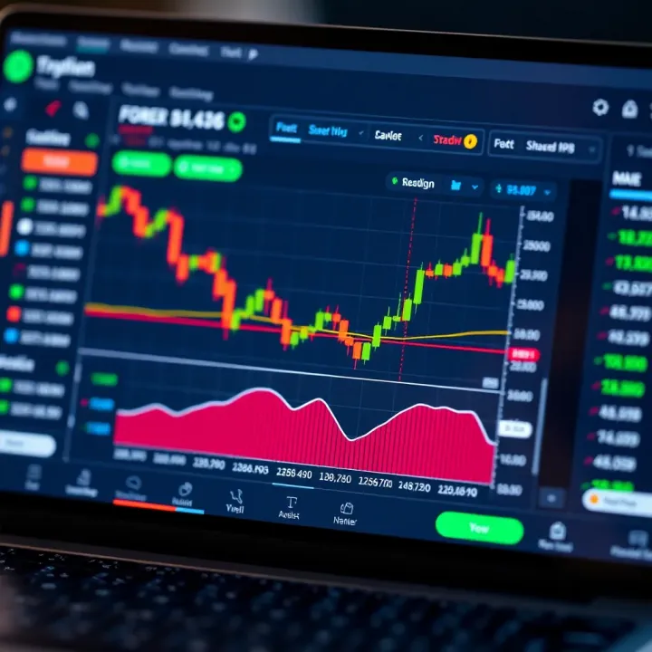 User interface of a forex trading app demo showing currency pairs and trading charts