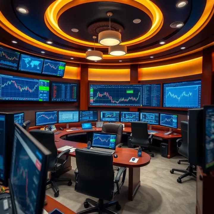 Luxurious office with multiple trading screens showing market data and charts